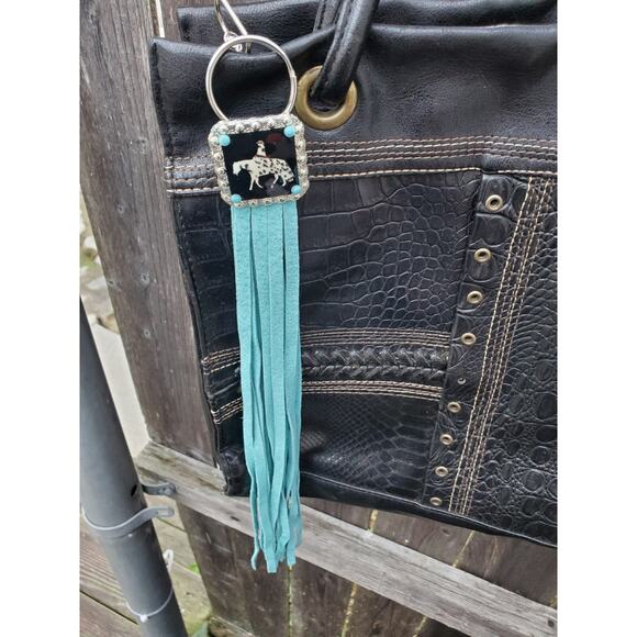 Handmade boho appy horse Leather Fringe Western bag charm, Long fringe keychain - Picture 2 of 3